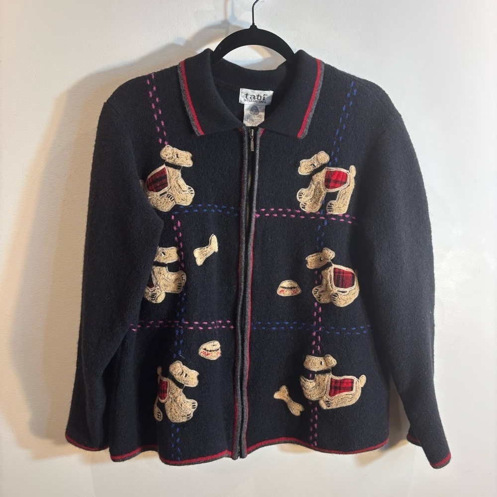 TABI INTERNATIONAL Sz XL Black Dog Pattern Cardigan Jacket Zipper 100% Wool